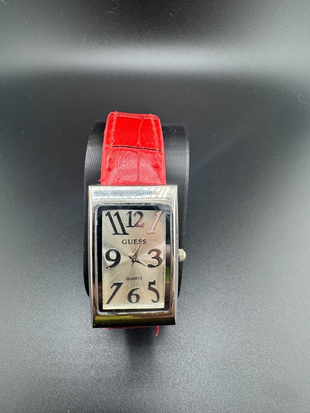 GUESS Women's Rectangle Watch Champagne Dial Red Strap